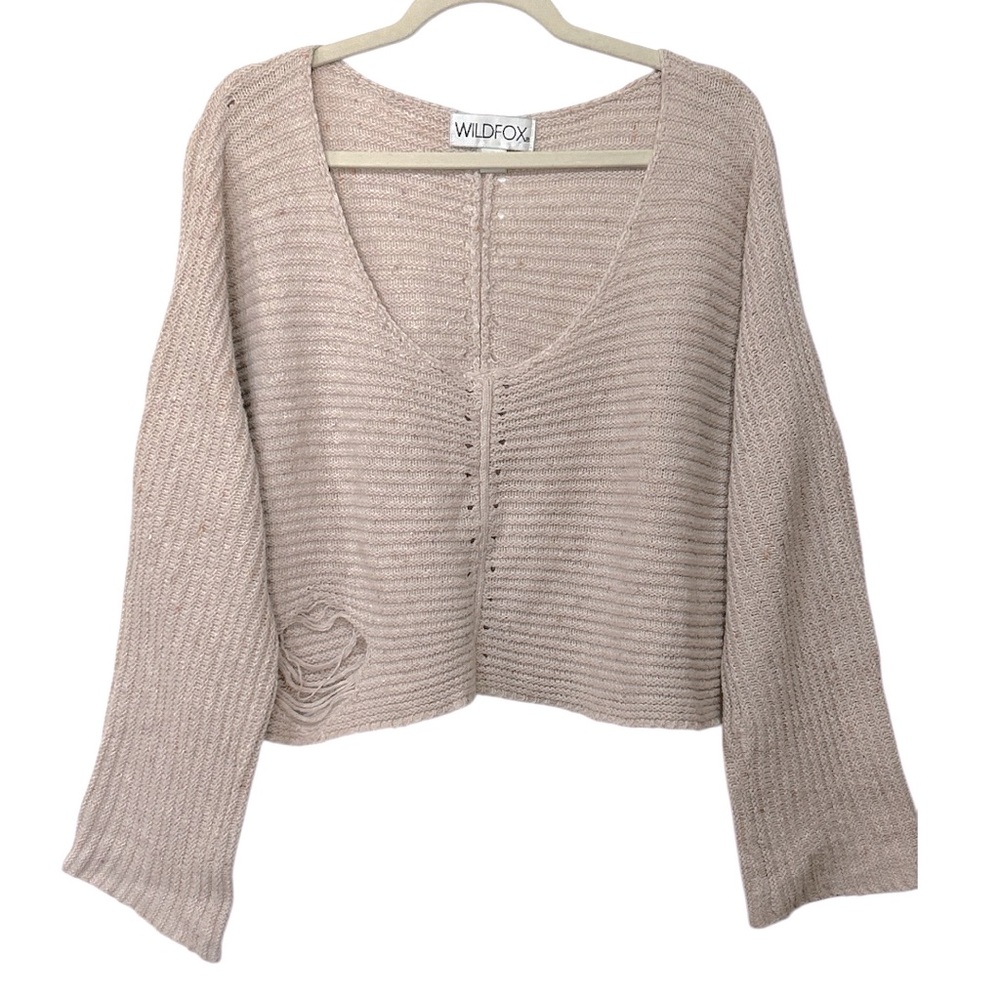 Wildfox Terra Distressed Cropped Ribbed Long Sleeve Sweater ASO Blush Pink Small - Picture 11 of 12